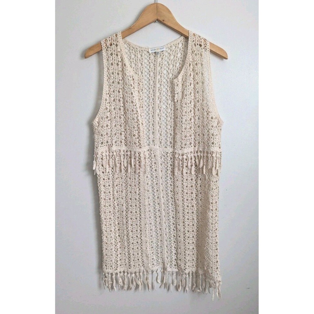 Cream Cotton Fringe Crochet Vest Boho Festival Retro Hippie Western Fairy OS
